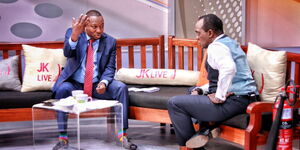 Nairobi Governor Mike Sonko (Left) and Jeff Koinange having a conversation during the JKlive show on March 4, 2020.