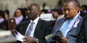 DP William Ruto (left) and Nairobi Governor Mike Sonko attend requiem mass for the late Bomet Governor Dr. Joyce Laboso at All Saints Cathedral, Nairobi, on August 1, 2019.