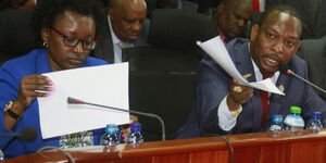 Nairobi Governor Mike Sonko (right) and former Finance CEC Pauline Kahiga during a meeting at Parliament Building on Wednesday, April 24, 2019.