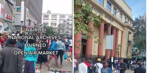 Photo collage of a screengrab showing National Archives invaded by hawkers and a photo shared by Governor Johnson Sakaja on Saturday March 18, 2023