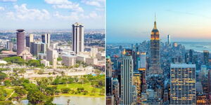 An aerial photo collage of Nairobi City (left) and New York City in the US (right).