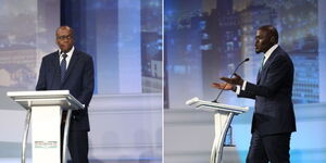Azimio candidate Polycarp Igathe and UDA's Johnson Sakaja during the Nairobi County Gubernatorial debate at CUEA on July 11, 2022.