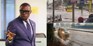 A photo collage of Nairobi Governor Johnson Sakaja speaking at a meeting (left) and floods on various roads in the city on January 5, 2023.