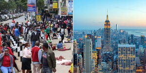 Residents of Nairobi walking around Moi Avenue in the CBD (left) and an aerial photo of New York City (right).