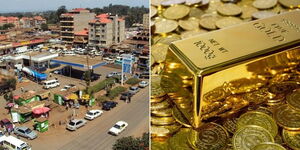 A photo collage of Kiambu Town (left) and a bar of gold placed alongside gold coins (left).