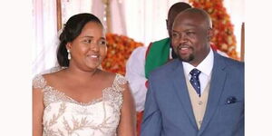 Samburu West MP Naisula Lesuuda (left) and her husband, Robert Kiplagat pose for a photo on their wedding day on November 18, 2018