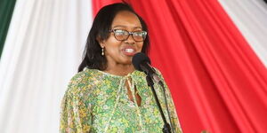 Nakuru Governor Susan Kihika speaks during an interdenominational church service at the Nakuru Athletics Club in Nakuru County on February 12, 2023.