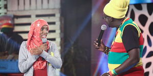 Nasra Yusuf (left) and Daniel Ndambuki on Churchill Show stage in February 2019.