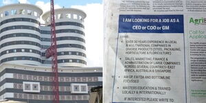 A collage of the Nation Media Group building and the job seeker advert placed in the Daily Nation, Wednesday, November 16. 