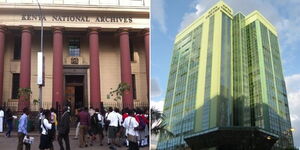 Side by side images of National Archives (left) and Afya Center buildings in Nairobi CBD.