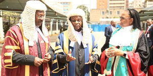 National Assembly Speaker Moses Wetangula, Senate Speaker Amason Kingi and Chief Justice Martha Koome outside Parliamnet buildings on Thursday, September 29, 2022