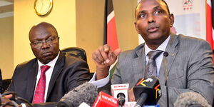 National Treasury Cabinet Secretary Ukur Yatani (Right) and Labour Cabinet Secretary Simon Chelugui (Left), at NSSF building in Nairobi on January 16, 2020.