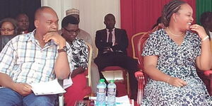 Kirinyaga Governor Anne Waiguru (right) and her Deputy Peter Ndambiri (left) during a Building Bridges Initiative meeting in February 2020.