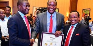 Kiharu MP Ndindi Nyoro (Left), Kitutu Chache MP Richard Onyonka (Centre) and Nyeri town MP Ngunjiri Wambugu during the Mizani Africa report release on Tuesday, February 25, 2020.