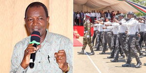 A photo of Treasury Cabinet Secretary Njuguna Ndung'u speaking at a conference on August 10, 2023 (left) and KRA Revenue Assistants during their passout parade on August 25, 2023 (right).