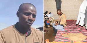 A collage image of Elementaita George Nene in his house.