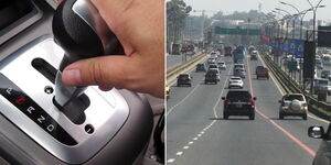 Photo collage of a driver engaging neutral gear and cars moving on Thika Super Highway