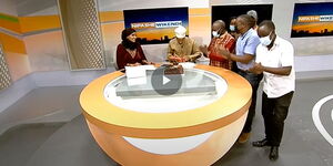 News anchors Lulu Hassan (left), husband Rashid Abdalla (second left) and co-workers in studio on Sunday, April 17, 2021