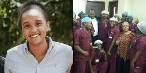 A collage of Ngina Kenyatta and President Uhuru Kenyatta and first lady Margaret Kenyatta with nurses at Aga Khan hospital.