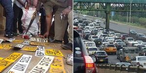 Photo collage of number plates impounded during an operation and vehicles along Thika Road in Nairobi
