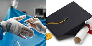 Photo collage of nurses in an operation room and a graduation cap and a folded certificate