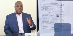 Nyamira Governor Amos Nyaribo (left) and a photo of the leaked payslip