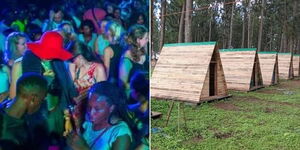 A collage image of Nyege Nyege revellers (left) and housing units at the 2022 festival (right).