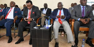 Nyeri Governor Mutahi Kahiga (left), Nyeri Town Member of Parliament Ngunjiri Wambugu (second left)among other leaders during a consultative Building Bridges Initiatives (BBI) meeting at the ACK St. Peters Hall in Nyeri on Wednesday, February 26, 2020.