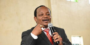 Former Nyeri Town Member of Parliament Ngunjiri Wambugu addresses members of the public during a consultative Building Bridges Initiatives (BBI) meeting at the ACK St. Peters Hall in Nyeri on Wednesday, February 26, 2020.