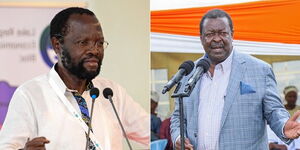 Kisumu Governor Anyang' Nyong'o speaking at a governor's summit in November 2022(Left) and Prime Cabinet Secretary Musalia Mudavadi speaking at a meeting in Vihiga on April 15, 2023(Right)