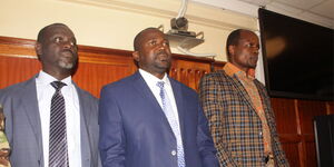 Undated image of Governor Okoth Obado, Michael Oyamo & Caspal Obiero at the Milimani Law Courts