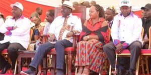 FROM LEFT: Narok Governor Samuel Tunai, ODM leader Raila Odinga and Kirinyaga Governor Ann Waiguru at a Building Bridges Initiative (BBI) meeting held at the William Ole Ntimama Stadium in Narok on Saturday, February 23