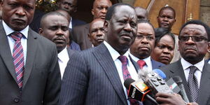 Migori Governor Okoth Obado (left), ODM leader Raila Odinga. and Siaya Senator James Orengo during a past press briefing