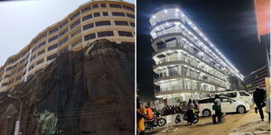 Photo collage of OTC building in Nairobi along and another building in Kampala, Uganda