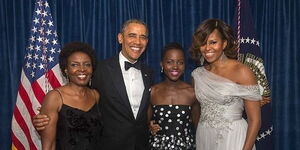 From left: Lupita Nyongo's aunt Esther, 44th US President Barrack Obama, actress Lupita Nyong'o and former First Lady Mitchell Obama at the 100th Annual White House Correspondents' Association Dinner in May 2014. 