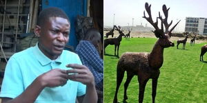 A collage image of Samuel Ochanda (LEFT) and sculptures at the Kibarani dumpsite in Mombasa County (RIGHT).