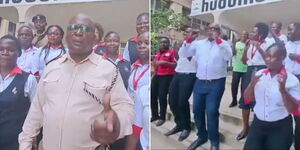 A photo collage of Northern Sub-Location Assistant Chief John Ogilo Migun dancing alongside other Huduma Center staff in Kisumu on January 20, 2023.