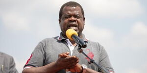 Busia Senator Okiya Omtatah speaking during the launch of the County Aggregation and Industrial Park(CAIP) in Busia County on August 11, 2023.
