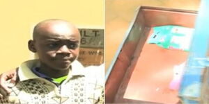 A photo collage of Neville Okoth at Maseno School (left) and the box he reported with at the Kisumu County-based school on February 7, 2023.