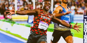 Ferdinand Omurwa Omanyala in celebratory moment after winning Kenya's First Medal in Commonwealth Games when he clocked 10.02 seconds