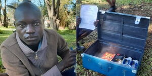 A collage image of Geoffrey Omollo reporting for Form One admission at Kanga High School on May 4, 2022.