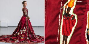 One of the embroiders wears the Red Dress (left) and a Kenyan embroidery featured on a dress.