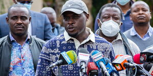 Nairobi Senator Johnson Sakaja addressing the press at Hermosa Gardens in Karen on Tuesday, July 20, 2021.