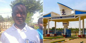 A photo collage of Kevin Ontinta (left) and entrance to Kenyatta University.