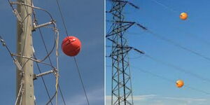 Photo collage of small orange balls fixed on power transmission lines