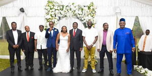 Siaya Governor James Orengo, his daughter Lavender Orengo, husband Albert and other leaders during the wedding ceremony on Friday October 7, 2022.