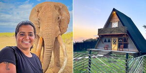 A collage image of wildlife photographer Remya Anup Warrier(Left) and the Osero Sopia river camp(Right). 