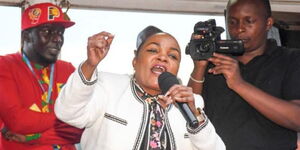 Outgoing Kirinyaga Woman Representative, Wangui Ngirici addresses the county residents on June 10, 2022.