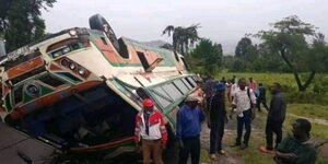 Overturned Mbukinya bus at Fort Ternan on Monday, October 11, 2021
