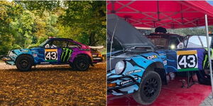 A collage image of the 1984 Porsche 911 race car. 